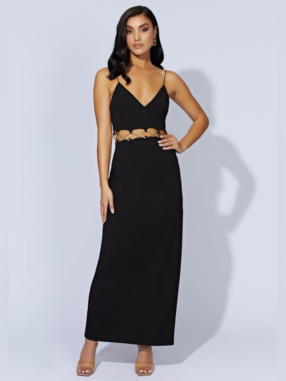 NWT Meshki Jacqueline Chain Midi Maxi Dress Black & Gold Cut Out Waist M